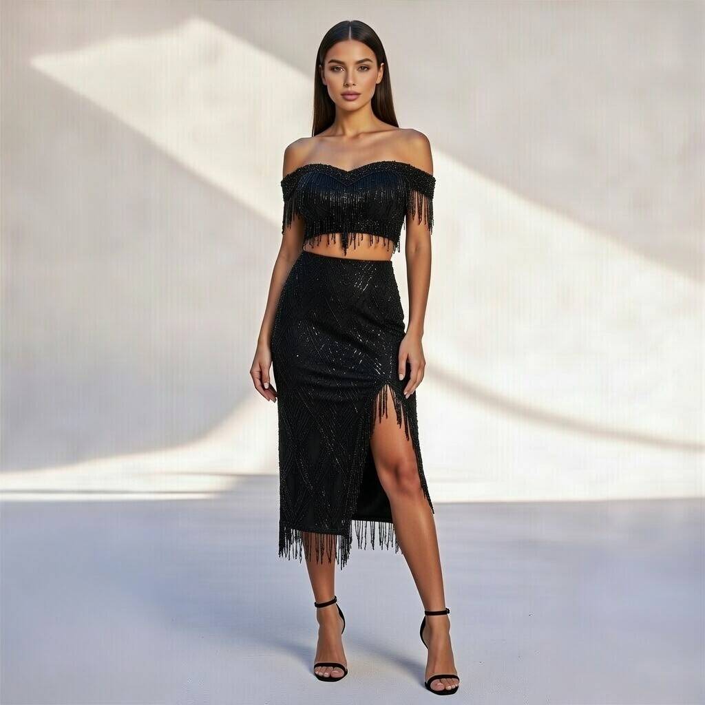 Black Off-Shoulder Fringe Beaded Crop Top & Slit Midi Skirt Set