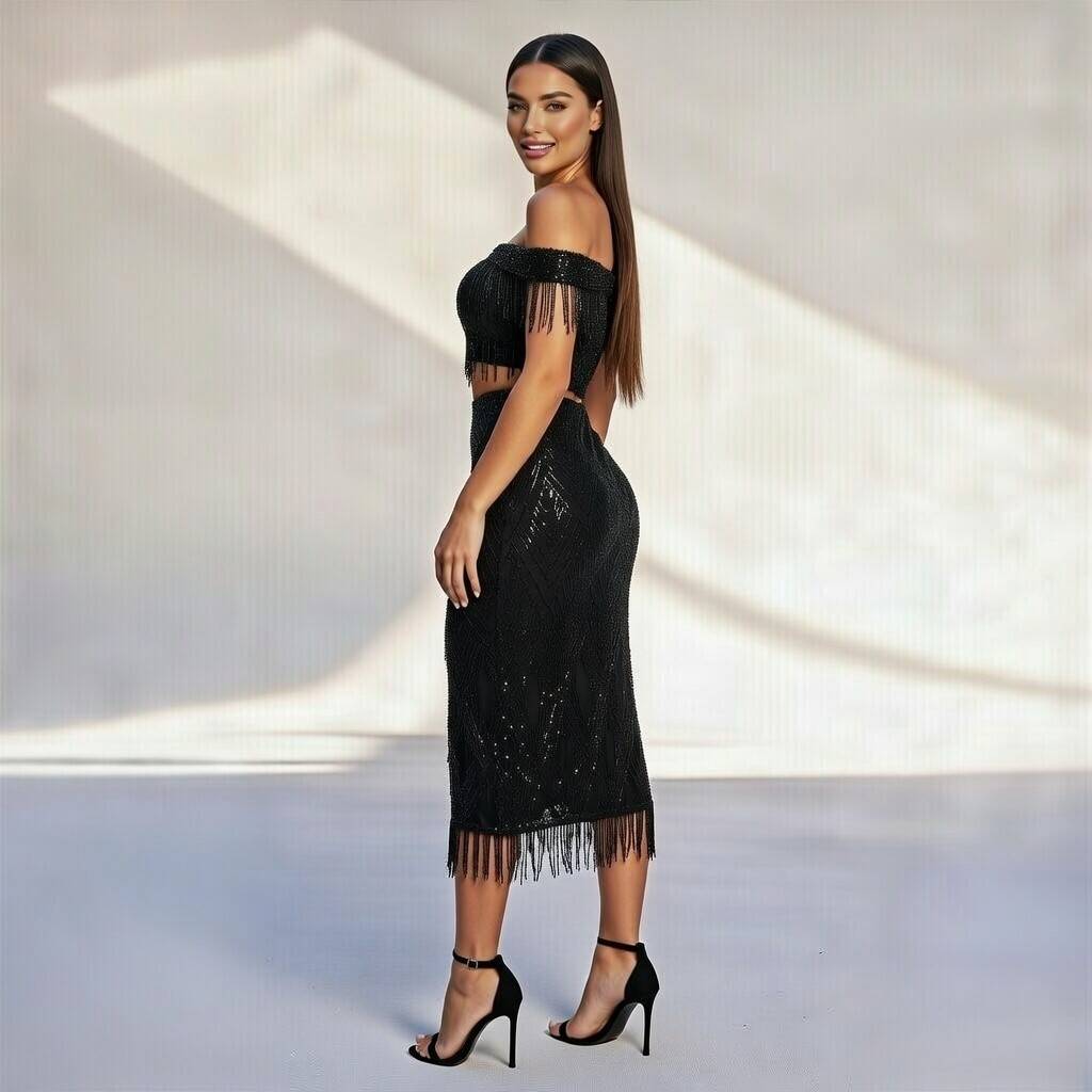 Black Off-Shoulder Fringe Beaded Crop Top & Slit Midi Skirt Set - Image 4