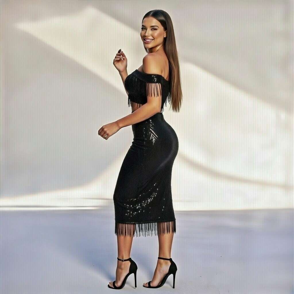 Black Off-Shoulder Fringe Beaded Crop Top & Slit Midi Skirt Set - Image 2