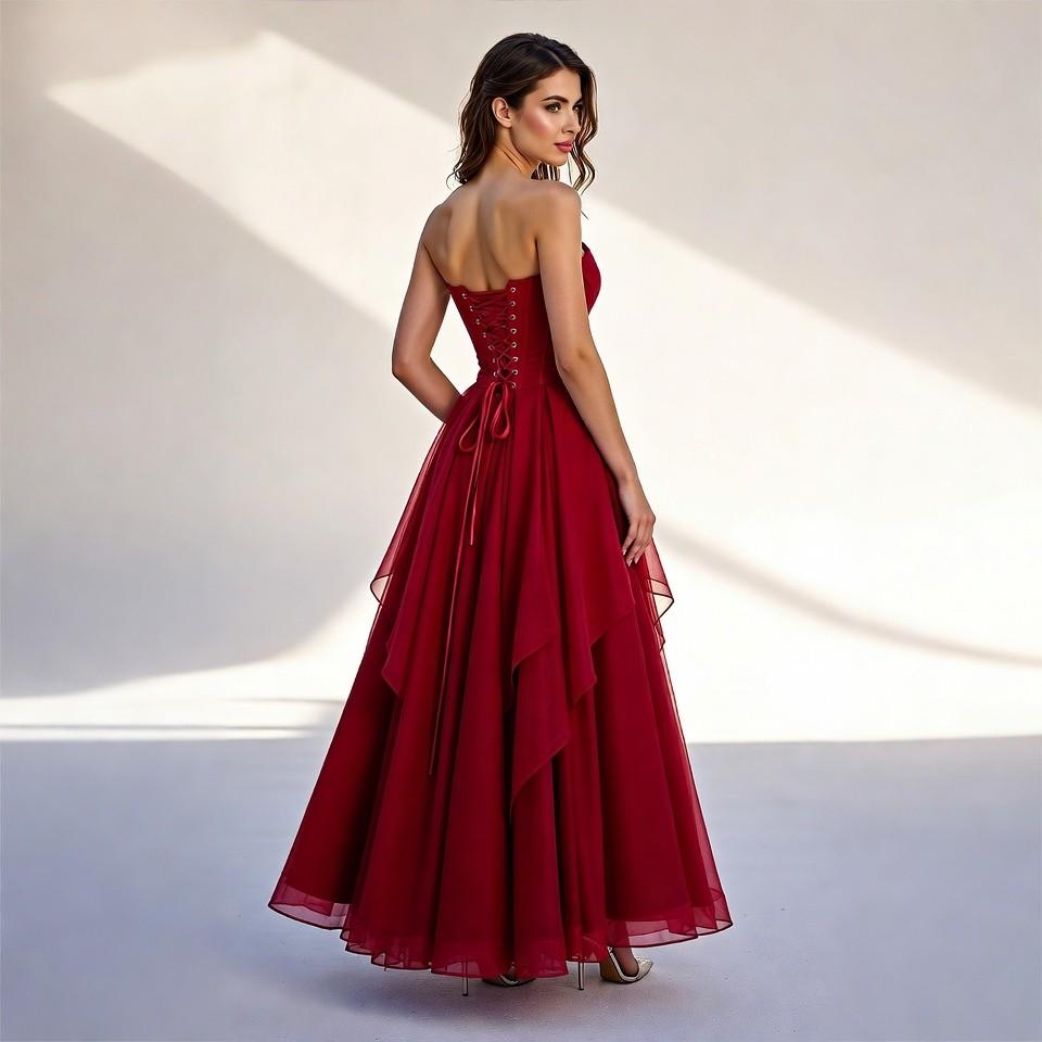 Burgundy Strapless Tiered Tulle Prom Dress Long Evening Gown - Image 3