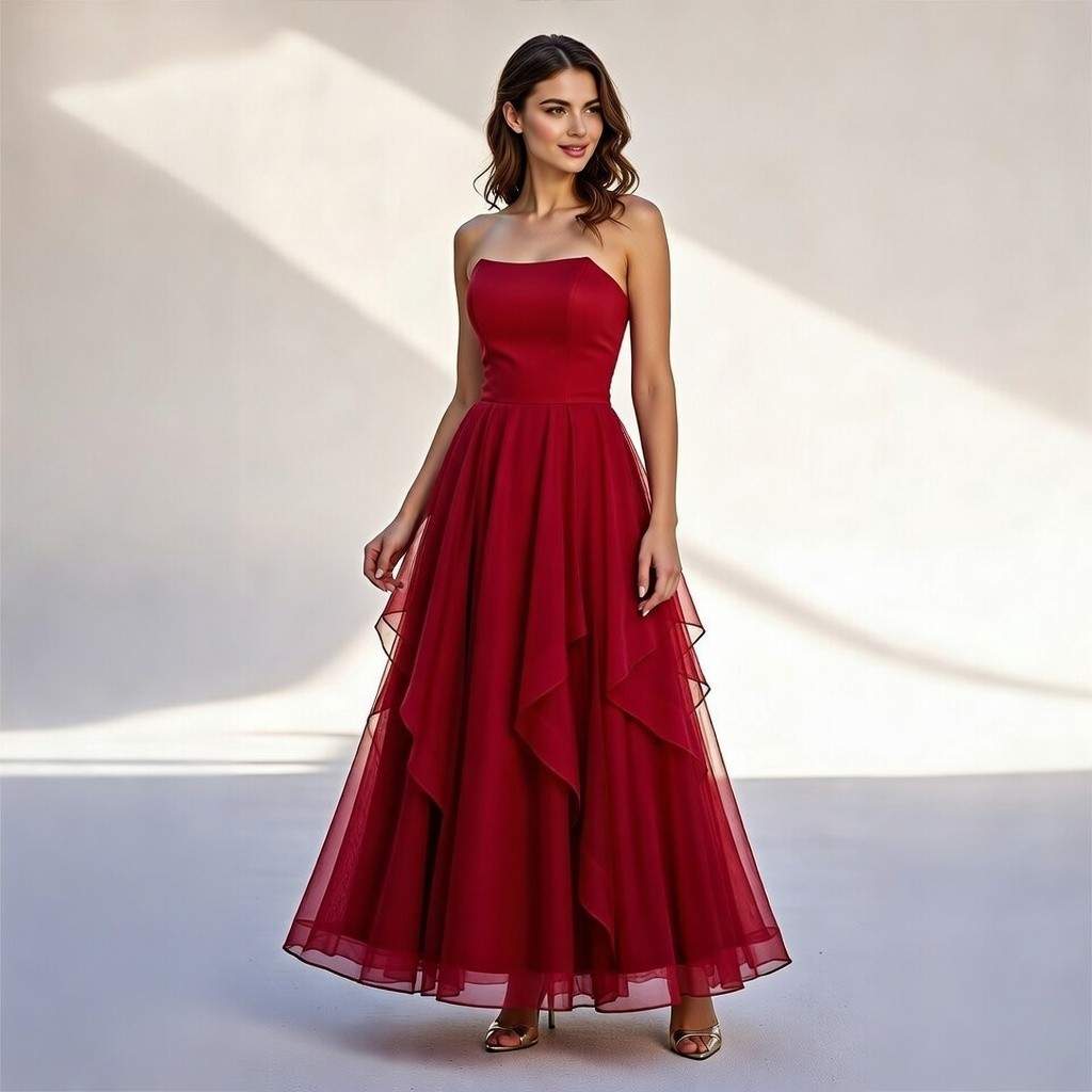 Burgundy Strapless Tiered Tulle Prom Dress Long Evening Gown - Image 2