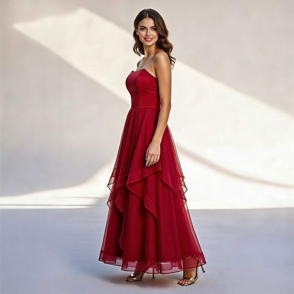 Burgundy Strapless Tiered Tulle Prom Dress Long Evening Gown - Image 4