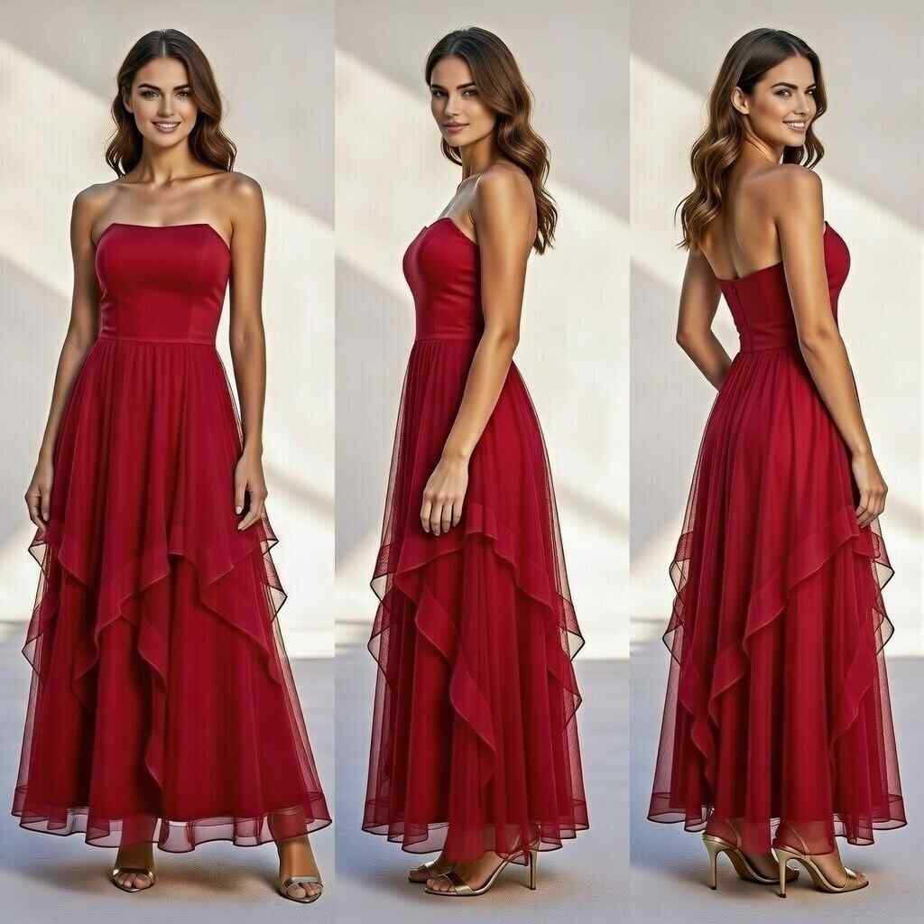 Burgundy Strapless Tiered Tulle Prom Dress Long Evening Gown